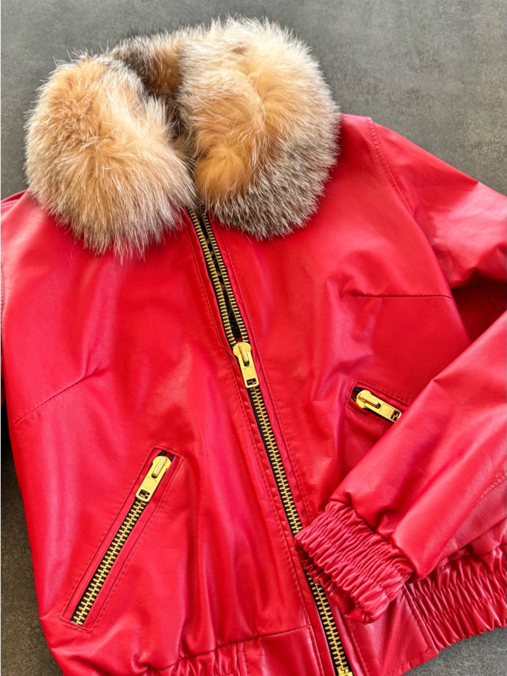 Red Leather Jacket with Fur Collar - Women